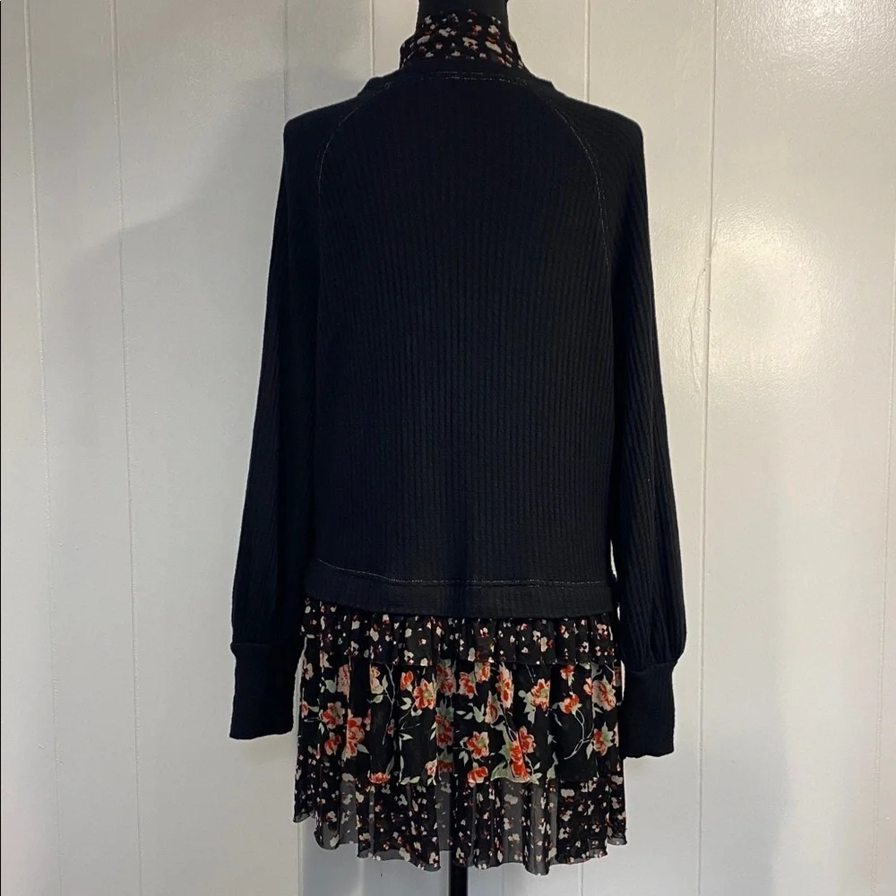 Free People Opposites Attract Mini Dress Black Waffle Top Floral Tiered Skirt XS